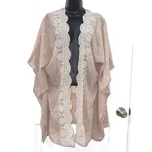 Japna Tan White Floral Print with Embroidered Detail Open Front Kimono One Size